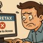 Ilustrasi kartun pengguna frustrasi karena aplikasi Coretax menampilkan pesan “Unable to Access”, menggambarkan sulitnya akses sistem pajak digital.