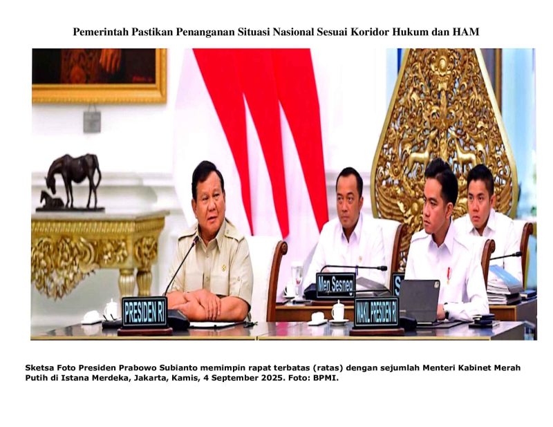Sketsa Foto Presiden Prabowo Subianto memimpin rapat terbatas (ratas) dengan sejumlah Menteri Kabinet Merah Putih di Istana Merdeka, Jakarta, Kamis, 4 September 2025. Foto: BPMI.