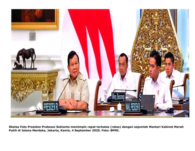 Sketsa Foto Presiden Prabowo Subianto memimpin rapat terbatas (ratas) dengan sejumlah Menteri Kabinet Merah Putih di Istana Merdeka, Jakarta, Kamis, 4 September 2025. Foto: BPMI.

