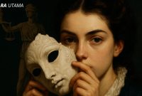 Ilustrasi simbolik hukum perdata: seorang wanita memegang topeng di depan wajahnya, dengan Lady Justice di latar belakang. Gambar ini menggambarkan batas tipis antara janji moral dan perjanjian hukum.