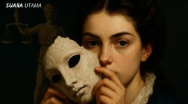 Ilustrasi simbolik hukum perdata: seorang wanita memegang topeng di depan wajahnya, dengan Lady Justice di latar belakang. Gambar ini menggambarkan batas tipis antara janji moral dan perjanjian hukum.