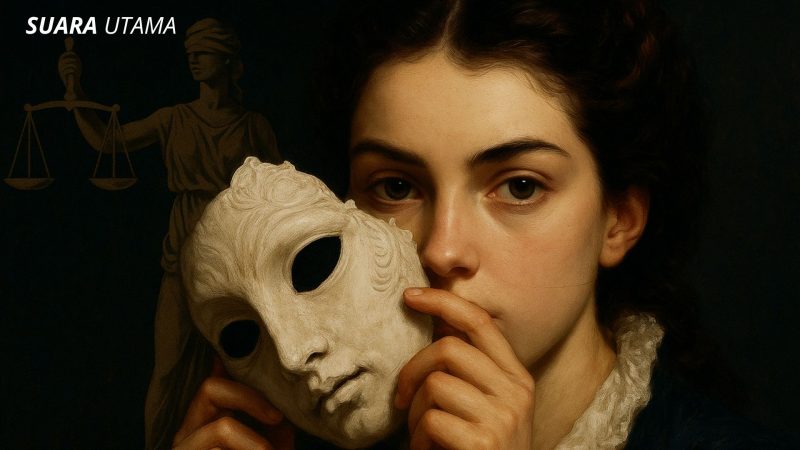 Ilustrasi simbolik hukum perdata: seorang wanita memegang topeng di depan wajahnya, dengan Lady Justice di latar belakang. Gambar ini menggambarkan batas tipis antara janji moral dan perjanjian hukum.
