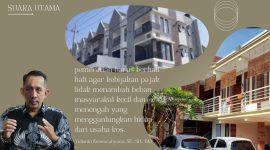 Menampilkan Yulianto Kiswocahyono, SE., SH., BKP, Konsultan Pajak Senior sekaligus Ketua Komite Tetap Fiskal KADIN Jawa Timur, dengan latar rumah kos. Dalam kutipannya, Yulianto menegaskan agar pemerintah berhati-hati dalam merumuskan kebijakan pajak kost supaya tidak menambah beban masyarakat kecil dan menengah yang menggantungkan hidup dari usaha kos.