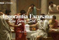 Ilustrasi suasana forum perdebatan hukum di era Romawi kuno yang menggambarkan lahirnya asas Ignorantia Excusatur Non Juris Sed Facti.