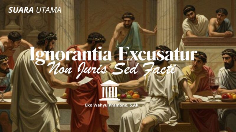 Ilustrasi suasana forum perdebatan hukum di era Romawi kuno yang menggambarkan lahirnya asas Ignorantia Excusatur Non Juris Sed Facti.