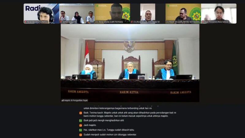 Tangkapan layar suasana sidang daring di Pengadilan Pajak, Senin (27/10/2025). Sidang ini menghadirkan perkara banding antara CV Rose Selular sebagai Pemohon Banding dan Direktorat Jenderal Pajak sebagai Terbanding