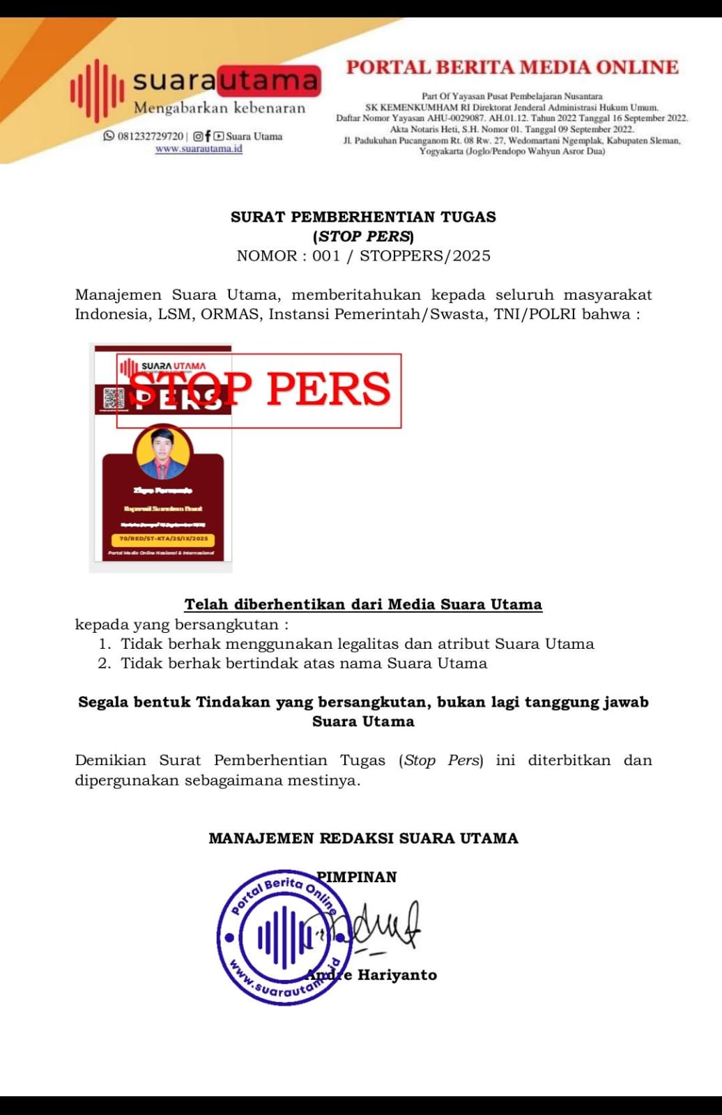 FOTO : Stop Press Anggota Media Suara Utama Atas Nama Ziqro Fernando dari kota Padang, Sumatera Barat (Dok. Internal/SUARA UTAMA)