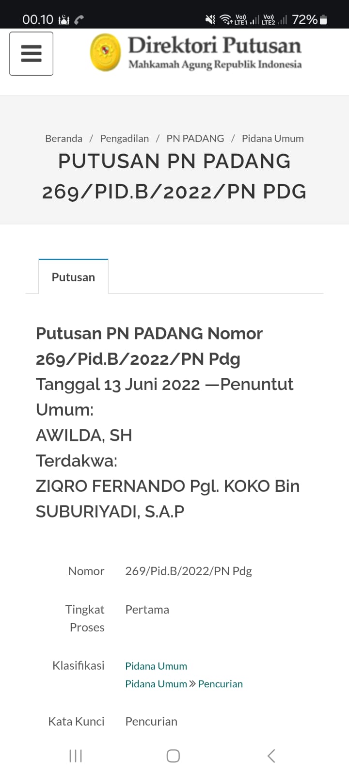 FOTO: Lampiran Bukti Kasus Pencurian Mantan Napi Ziqro Fernando asal kota Padang, Sumatera Barat di Mahkamah Agung RI (SUARA UTAMA)