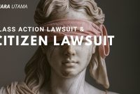 Ilustrasi Patung Lady Justice dengan mata tertutup, melambangkan keadilan yang tidak memihak. Konsep class action lawsuit dan citizen lawsuit menjadi simbol partisipasi masyarakat dalam menegakkan keadilan hukum di Indonesia.
