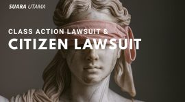 Ilustrasi Patung Lady Justice dengan mata tertutup, melambangkan keadilan yang tidak memihak. Konsep class action lawsuit dan citizen lawsuit menjadi simbol partisipasi masyarakat dalam menegakkan keadilan hukum di Indonesia.