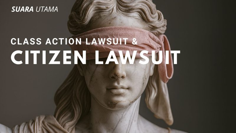 Ilustrasi Patung Lady Justice dengan mata tertutup, melambangkan keadilan yang tidak memihak. Konsep class action lawsuit dan citizen lawsuit menjadi simbol partisipasi masyarakat dalam menegakkan keadilan hukum di Indonesia.