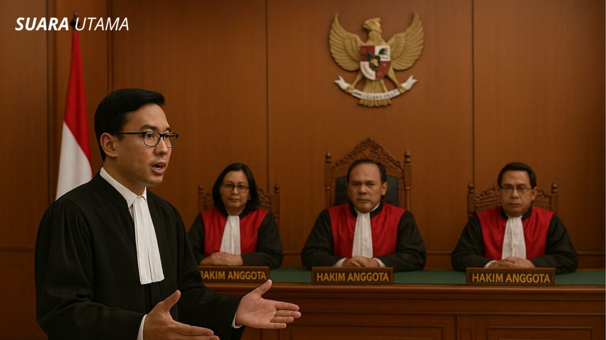 Ilustrasi seorang lawyer menyampaikan pembelaan di hadapan majelis hakim dalam sidang perkara pidana.