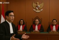 Ilustrasi seorang lawyer menyampaikan pembelaan di hadapan majelis hakim dalam sidang perkara pidana.