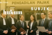 Ilustrasi tim profesional hukum dan pajak berdiskusi di depan Pengadilan Pajak, menggambarkan perbedaan antara subjek hukum dan subjek pajak dalam sistem hukum Indonesia.