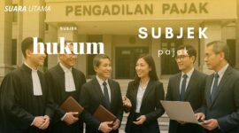 Ilustrasi tim profesional hukum dan pajak berdiskusi di depan Pengadilan Pajak, menggambarkan perbedaan antara subjek hukum dan subjek pajak dalam sistem hukum Indonesia.