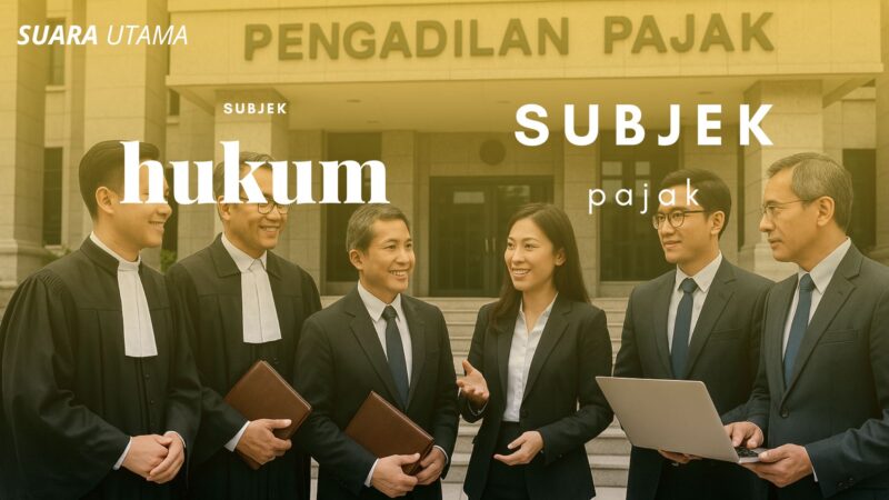 Ilustrasi tim profesional hukum dan pajak berdiskusi di depan Pengadilan Pajak, menggambarkan perbedaan antara subjek hukum dan subjek pajak dalam sistem hukum Indonesia.