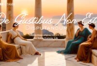 Ilustrasi suasana klasik Romawi menggambarkan filosofi De Gustibus Non Est Disputandum sebuah asas yang menekankan bahwa selera tidak dapat diperdebatkan. Gambar ini mencerminkan makna toleransi, kebebasan berekspresi, dan penghargaan terhadap perbedaan pandangan estetika.