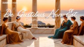 Ilustrasi suasana klasik Romawi menggambarkan filosofi De Gustibus Non Est Disputandum sebuah asas yang menekankan bahwa selera tidak dapat diperdebatkan. Gambar ini mencerminkan makna toleransi, kebebasan berekspresi, dan penghargaan terhadap perbedaan pandangan estetika.