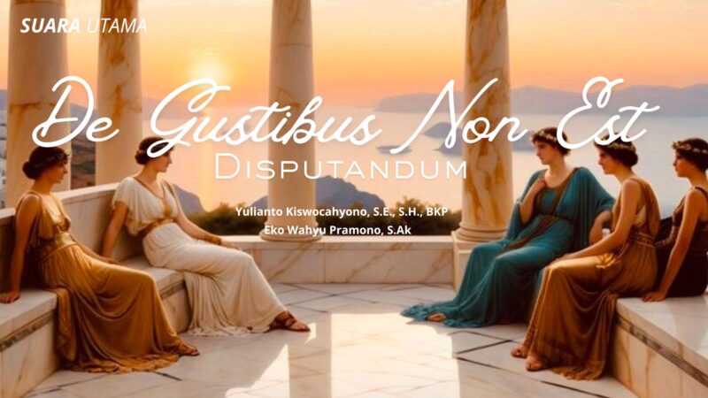 Ilustrasi suasana klasik Romawi menggambarkan filosofi De Gustibus Non Est Disputandum sebuah asas yang menekankan bahwa selera tidak dapat diperdebatkan. Gambar ini mencerminkan makna toleransi, kebebasan berekspresi, dan penghargaan terhadap perbedaan pandangan estetika.