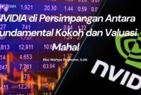 Tampilan layar yang menunjukkan pergerakan harga saham dan logo NVIDIA. Saham NVIDIA (NASDAQ: NVDA) terus mencatatkan rekor baru di tengah lonjakan permintaan chip kecerdasan buatan (AI). Namun, sejumlah analis, termasuk Eko Wahyu Pramono, S.Ak, menilai valuasi perusahaan kini berada di tingkat yang perlu diwaspadai.