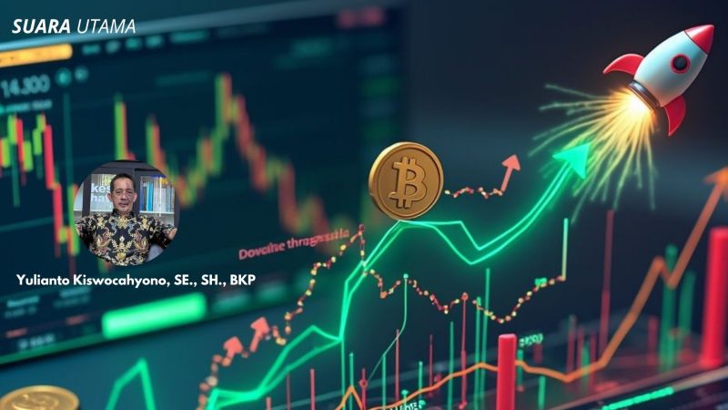 Ilustrasi lonjakan harga Bitcoin menembus USD 120 ribu disertai analisis pasar dari investor senior Yulianto Kiswocahyono, SE., SH., BKP. Visual ini menggambarkan euforia pergerakan harga kripto dengan simbol roket dan grafik naik, namun tetap mengingatkan potensi koreksi tajam di tengah volatilitas tinggi pasar aset digital.