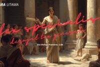 Ilustrasi konsep hukum klasik: seorang orator Romawi menjelaskan asas “Lex Specialis Derogat Lex Generali” di hadapan para murid hukum. Prinsip ini menegaskan bahwa hukum yang bersifat khusus mengesampingkan hukum yang bersifat umum.