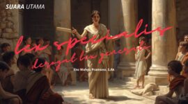 Ilustrasi konsep hukum klasik: seorang orator Romawi menjelaskan asas “Lex Specialis Derogat Lex Generali” di hadapan para murid hukum. Prinsip ini menegaskan bahwa hukum yang bersifat khusus mengesampingkan hukum yang bersifat umum.