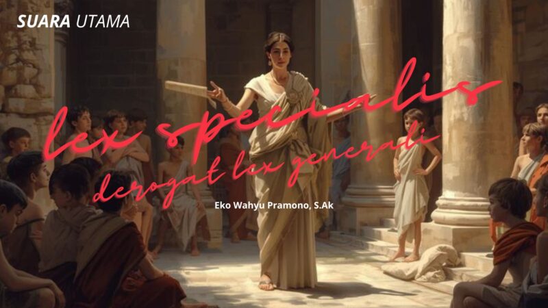 Ilustrasi konsep hukum klasik: seorang orator Romawi menjelaskan asas “Lex Specialis Derogat Lex Generali” di hadapan para murid hukum. Prinsip ini menegaskan bahwa hukum yang bersifat khusus mengesampingkan hukum yang bersifat umum.