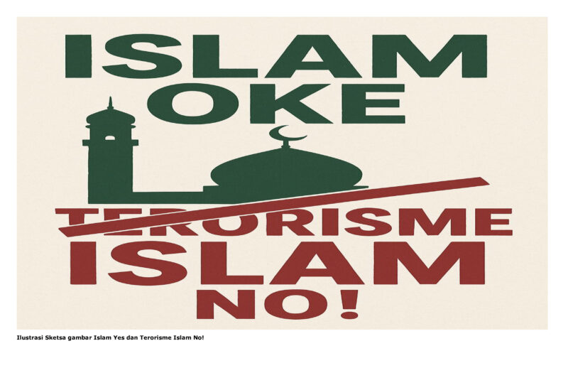 Ilustrasi Sketsa gambar Islam Yes dan Terorisme Islam No!