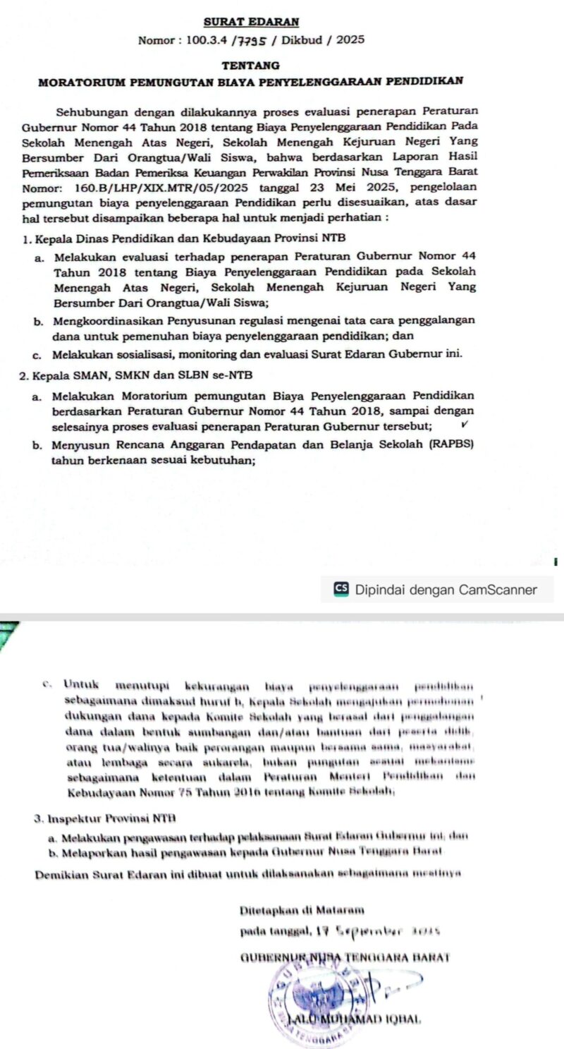 Foto: Surat Edaran Gubernur tentang moratorium pemungutan Biaya Penyelenggaraan Pendidikan (BPP)