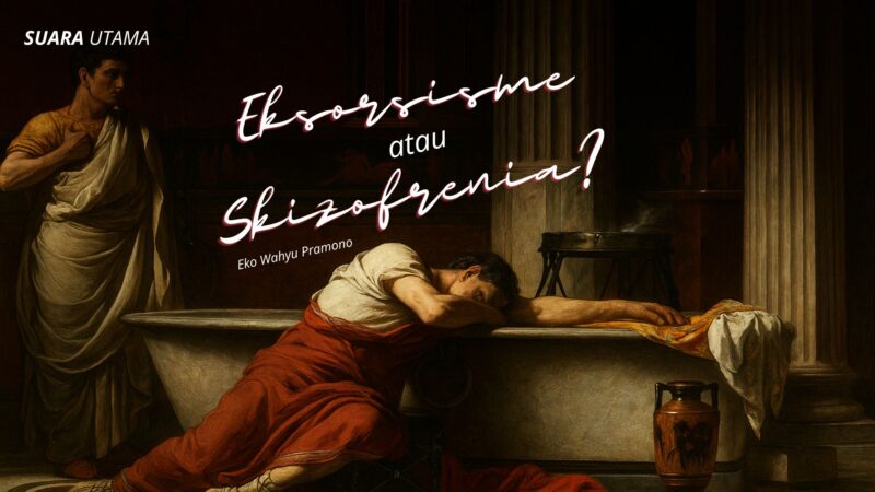 Ilustrasi reflektif tentang konflik antara spiritualitas dan kesehatan mental. Gambar ini menggambarkan ketegangan batin antara penderitaan jiwa dan pencarian makna religius sejalan dengan tema “Eksorsisme atau Skizofrenia?” yang dibahas dalam artikel ini.