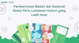 Ilustrasi oleh Suara Utama menampilkan simbol uang kertas dan koin rupiah sebagai metafora terhadap aspek anggaran dan tata kelola dalam pembentukan Badan Gizi Nasional (BGN).