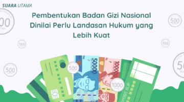 Ilustrasi oleh Suara Utama menampilkan simbol uang kertas dan koin rupiah sebagai metafora terhadap aspek anggaran dan tata kelola dalam pembentukan Badan Gizi Nasional (BGN).
