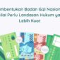 Ilustrasi oleh Suara Utama menampilkan simbol uang kertas dan koin rupiah sebagai metafora terhadap aspek anggaran dan tata kelola dalam pembentukan Badan Gizi Nasional (BGN).