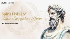 Ilustrasi Spirit Fiskal dan Etika Penegakan Pajak menampilkan sosok bergaya klasik yang melambangkan kebijaksanaan dan keadilan