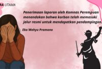 Ilustrasi seorang perempuan yang menutupi wajahnya sebagai simbol kondisi psikologis korban kekerasan. Kutipan pendapat praktisi hukum Eko Wahyu Pramono menegaskan bahwa penerimaan laporan oleh Komnas Perempuan menjadi langkah awal bagi korban untuk mendapatkan pendampingan melalui mekanisme rujukan yang tersedia.