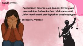 Ilustrasi seorang perempuan yang menutupi wajahnya sebagai simbol kondisi psikologis korban kekerasan. Kutipan pendapat praktisi hukum Eko Wahyu Pramono menegaskan bahwa penerimaan laporan oleh Komnas Perempuan menjadi langkah awal bagi korban untuk mendapatkan pendampingan melalui mekanisme rujukan yang tersedia.