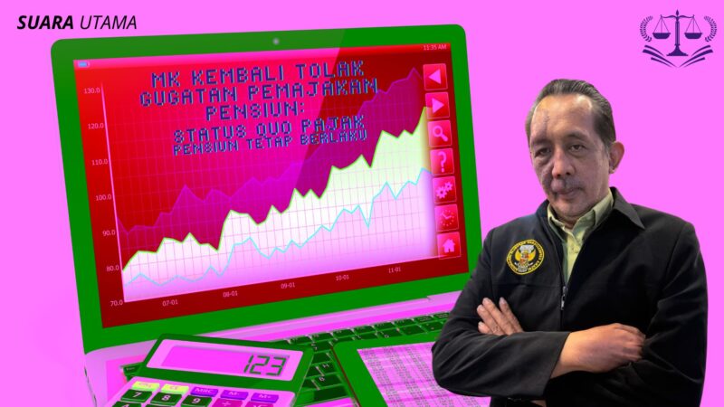 Ilustrasi berita mengenai keputusan Mahkamah Konstitusi (MK) yang menolak gugatan pemajakan pensiun, dengan grafik yang menggambarkan fluktuasi angka sebagai simbol dari stabilitas dan ketegasan hukum terkait pajak pensiun.