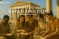 Ilustrasi para pelajar di era klasik yang sedang mempelajari naskah dan perhitungan, menggambarkan bahwa konsep akuntansi dan kepatuhan pajak telah menjadi bagian penting dari peradaban sejak masa lampau. Seperti halnya praktik modern saat ini, akuntansi tetap menjadi fondasi utama dalam menjaga transparansi, integritas, dan ketertiban sistem ekonomi.