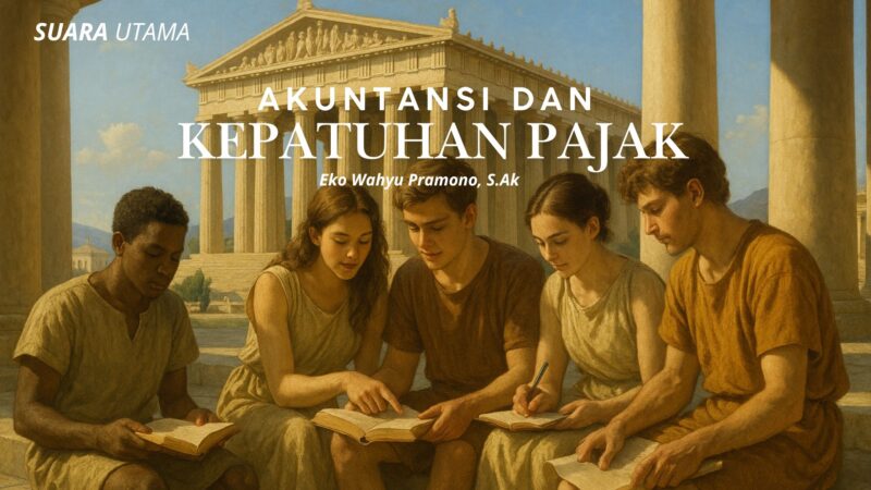 Ilustrasi para pelajar di era klasik yang sedang mempelajari naskah dan perhitungan, menggambarkan bahwa konsep akuntansi dan kepatuhan pajak telah menjadi bagian penting dari peradaban sejak masa lampau. Seperti halnya praktik modern saat ini, akuntansi tetap menjadi fondasi utama dalam menjaga transparansi, integritas, dan ketertiban sistem ekonomi.