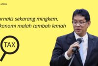 Ilustrasi pejabat pemerintah dengan kutipan “jurnalis sekarang mingkem, ekonomi malah tambah lemah” disertai ikon perpajakan, menggambarkan polemik pernyataan yang memicu sorotan publik.