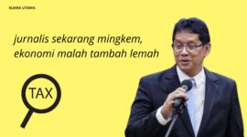 Ilustrasi pejabat pemerintah dengan kutipan “jurnalis sekarang mingkem, ekonomi malah tambah lemah” disertai ikon perpajakan, menggambarkan polemik pernyataan yang memicu sorotan publik.