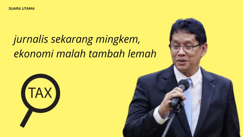 Ilustrasi pejabat pemerintah dengan kutipan “jurnalis sekarang mingkem, ekonomi malah tambah lemah” disertai ikon perpajakan, menggambarkan polemik pernyataan yang memicu sorotan publik.