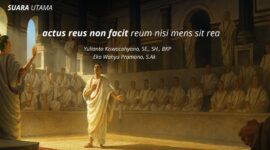 Ilustrasi retorika pada forum Senat Romawi yang menggambarkan akar filosofi hukum pidana klasik. Ungkapan “actus reus non facit reum nisi mens sit rea” menegaskan bahwa suatu perbuatan tidak menjadikan seseorang bersalah tanpa adanya niat jahat di baliknya.