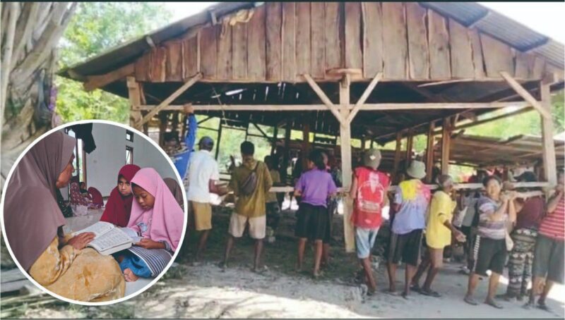 Warga Fatumetan jemaat gereja bantu pindahkan rumah Ibu Ratna Guru Ngaji TPQ sekaligus renovasi. Insert: Ibu Ratna sedang ngajar mengaji (Muhazir Syukur/SUARA UTAMA)