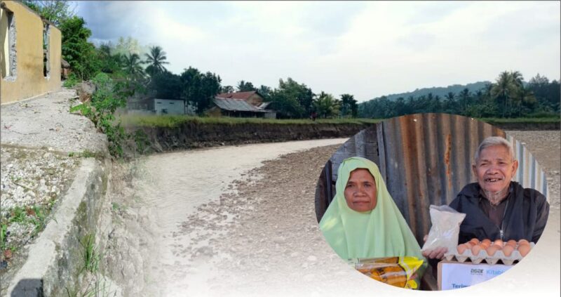 Kondisi pasca banjir Boentuka dengan kondisi rumah yang nyaris diterjang erosi banjir. Majelis Ulama Indonesia buka program bantuan terkait hal tersebut. Insert: Bapak Taher Asbanu dan Istri (Muhazir Syukur/SUARA UTAMA)