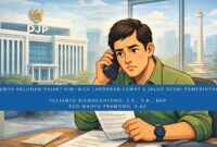 Ilustrasi seorang pria yang sedang menelepon di kantor dengan latar belakang gedung Direktorat Jenderal Pajak (DJP) dan Monas. Teks di bawah gambar mengajak masyarakat untuk melaporkan keluhan pajak melalui 6 jalur resmi pemerintah