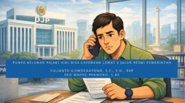 Ilustrasi seorang pria yang sedang menelepon di kantor dengan latar belakang gedung Direktorat Jenderal Pajak (DJP) dan Monas. Teks di bawah gambar mengajak masyarakat untuk melaporkan keluhan pajak melalui 6 jalur resmi pemerintah