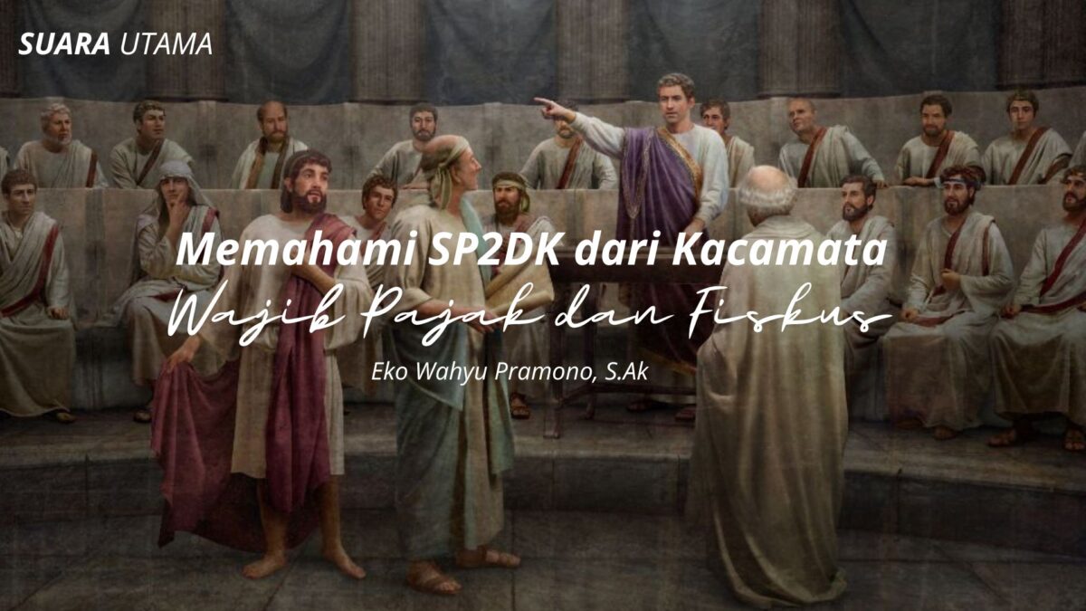 Ilustrasi dialog dan perdebatan di ruang publik menggambarkan proses klarifikasi dan pertukaran pandangan antara Wajib Pajak dan fiskus dalam mekanisme SP2DK, sebagai bagian dari upaya menjaga kepatuhan pajak yang berkeadilan dan berbasis komunikasi.