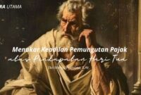 Ilustrasi seorang lelaki tua duduk termenung dengan tatapan berat, menggambarkan pergulatan batin para pensiunan yang menghadapi penurunan pendapatan di masa senja. Janggut putih dan gurat usia pada wajahnya melambangkan perjalanan panjang pengabdian hidup yang kini diuji oleh kebijakan fiskal negara.